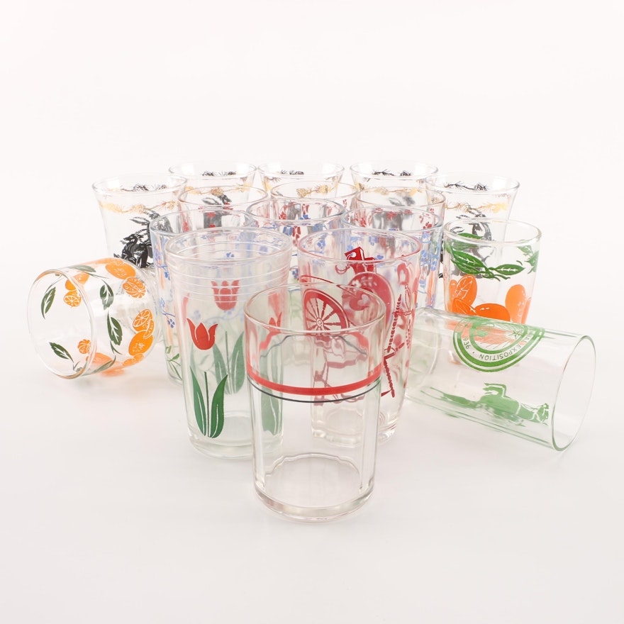 Vintage Swanky Swig Glasses Decorated with Colorful Fruit, Flowers and Deer