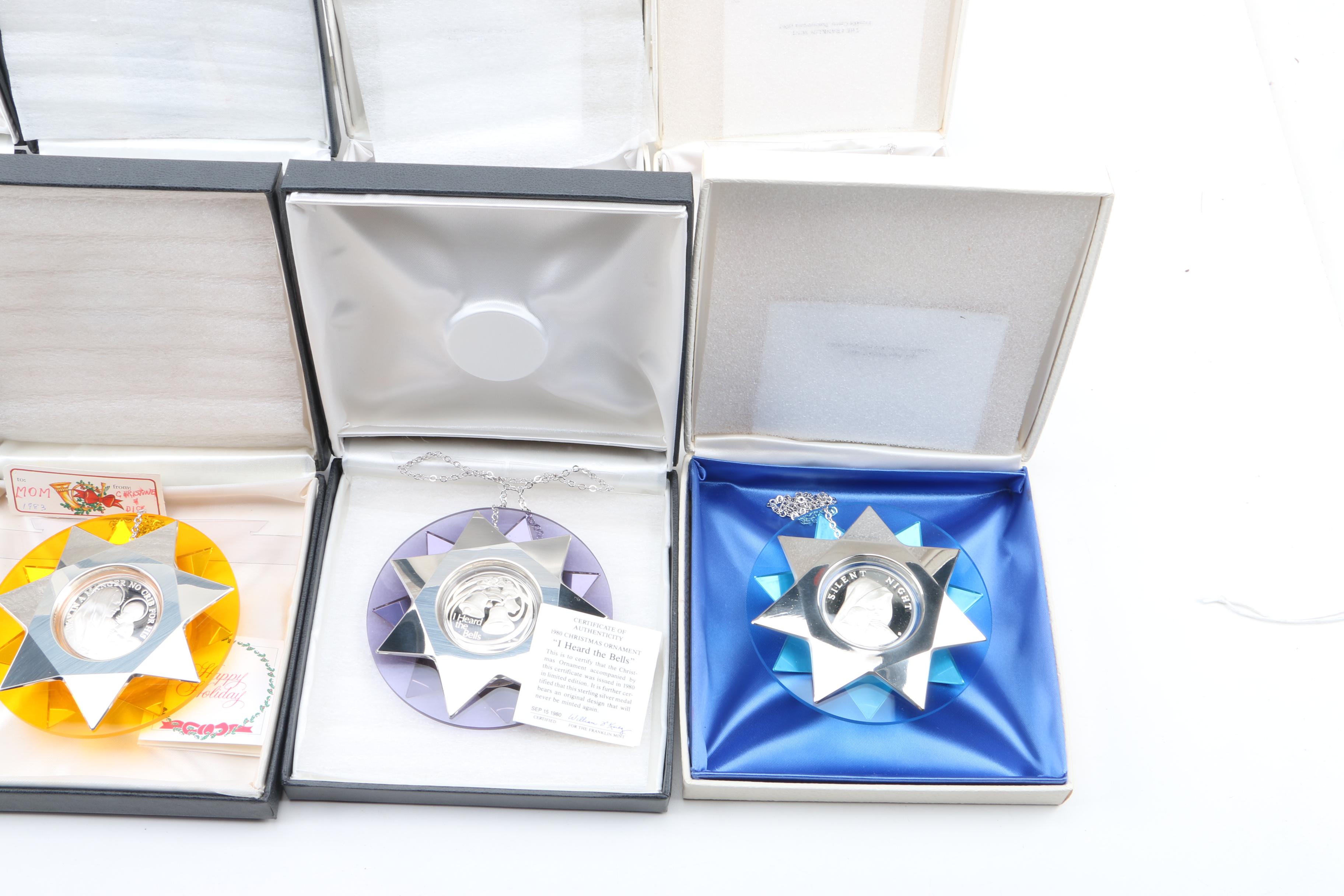 Collection of Franklin Mint Sterling Silver and Lucite Christmas Ornaments