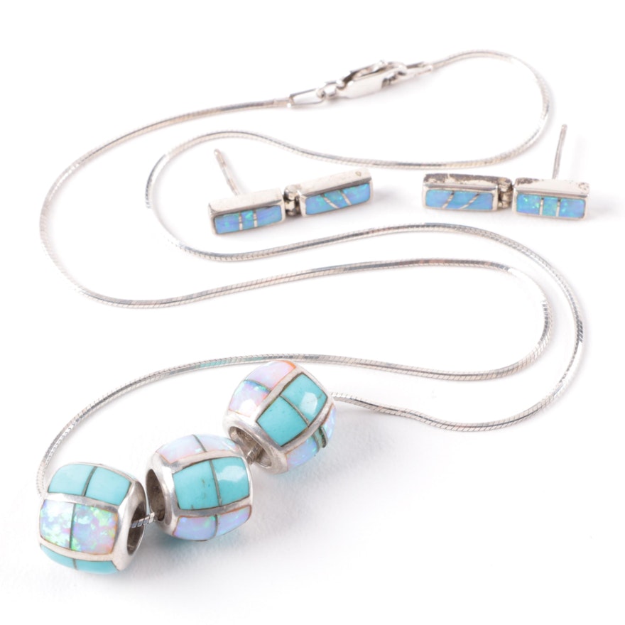 Sterling Silver Synthetic Opal and Turquoise Pendant Necklace and Earrings