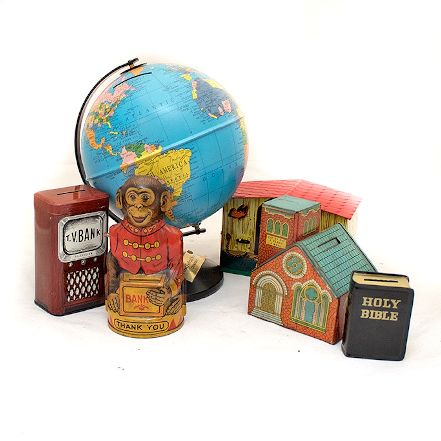 Vintage and Modern Tin Coin Banks