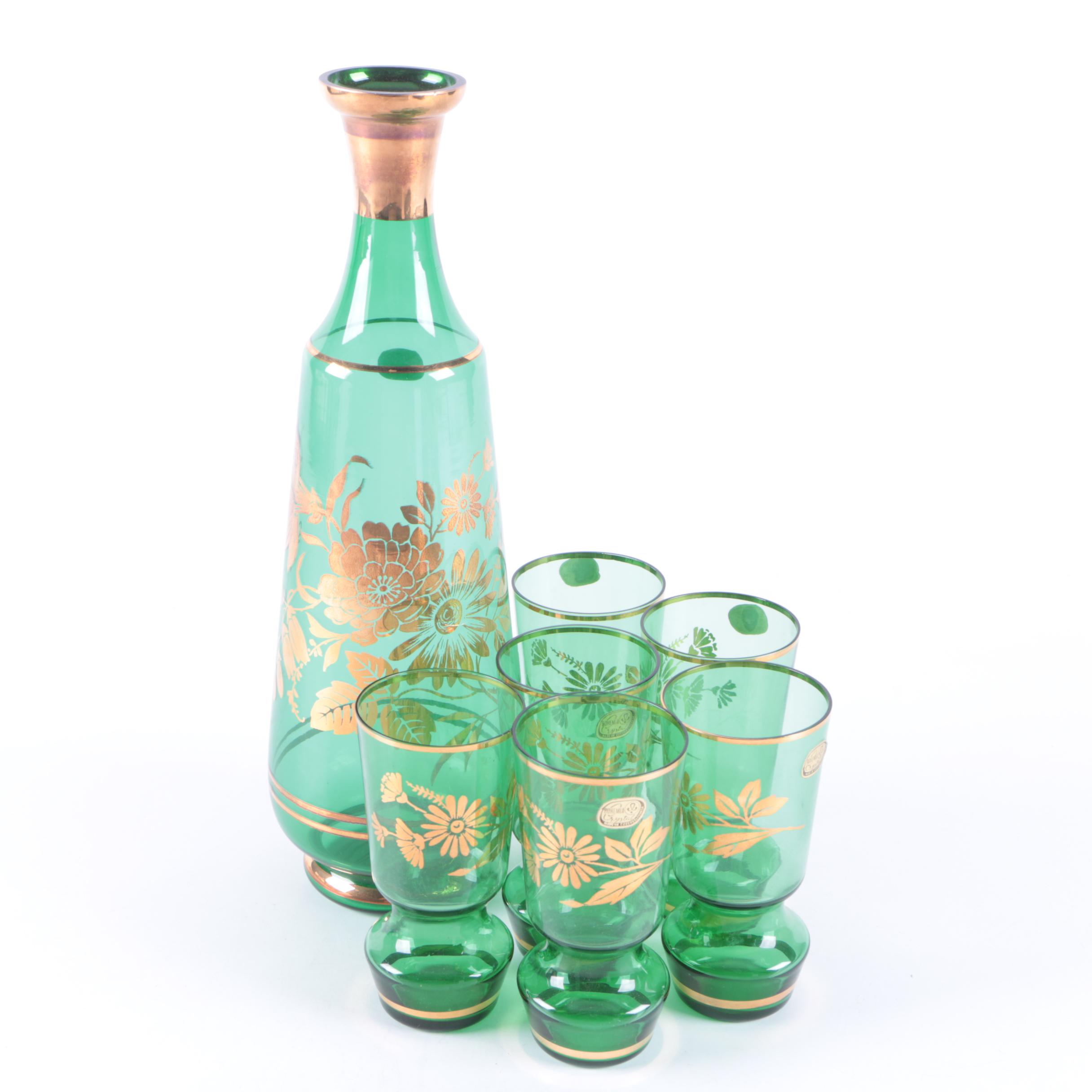 Vintage Bohemia Crystal Gilt Decanter and Glass Set