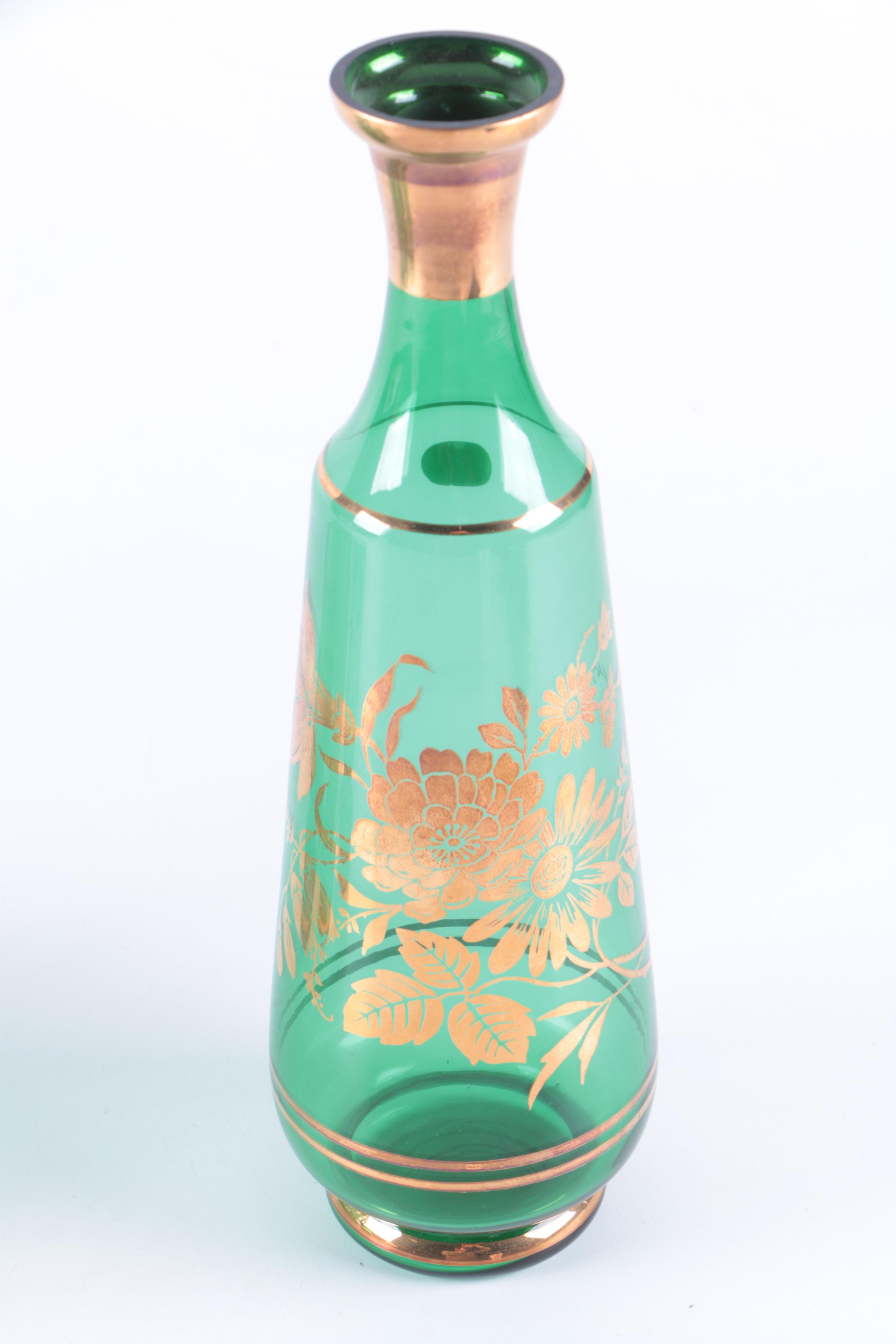 Vintage Bohemia Crystal Gilt Decanter and Glass Set