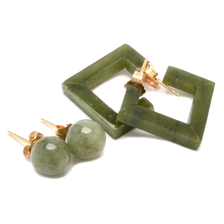 14K Yellow Gold Earrings with Serpentine and Dyed Quartz