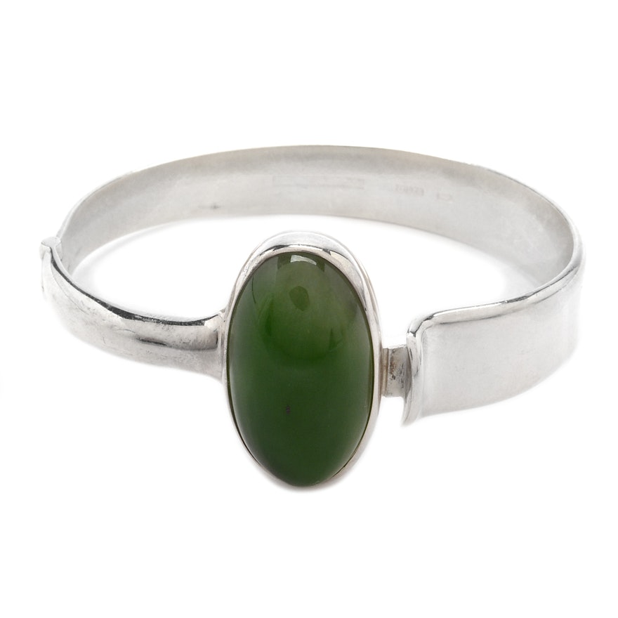 Modernist Sterling Silver and Nephrite Bracelet from Finland