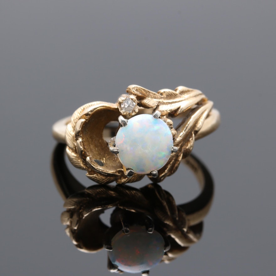 14K Yellow Gold Opal and Diamond Ring