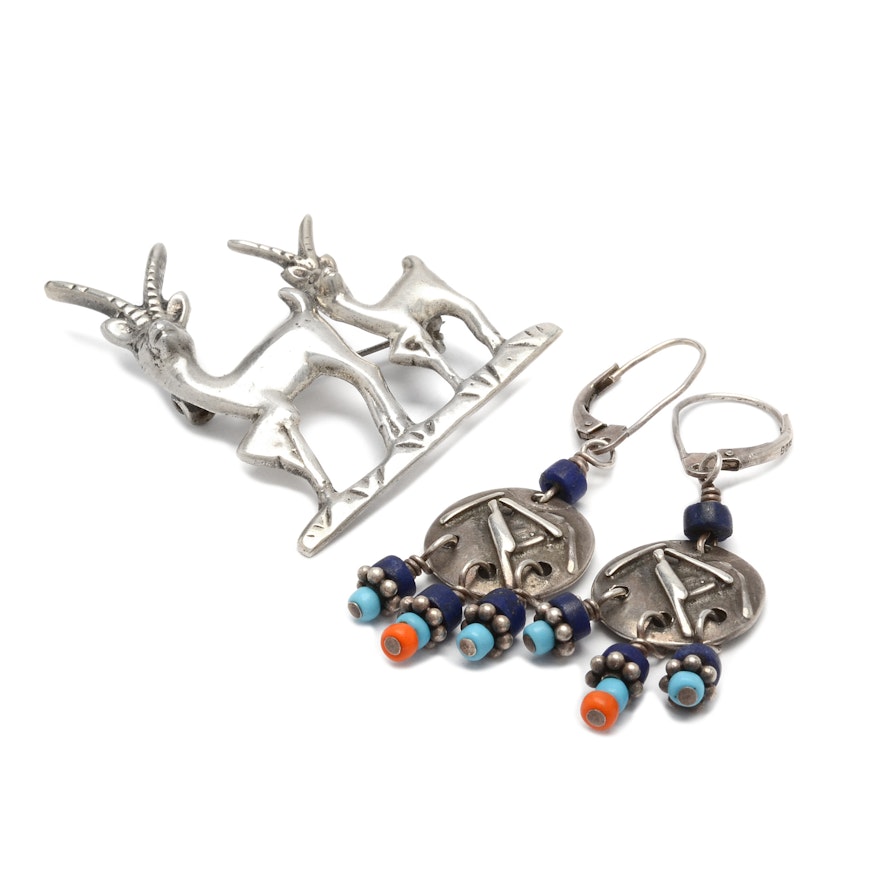 Sterling Silver Antelope Brooch and Signed Southwest Style Earrings