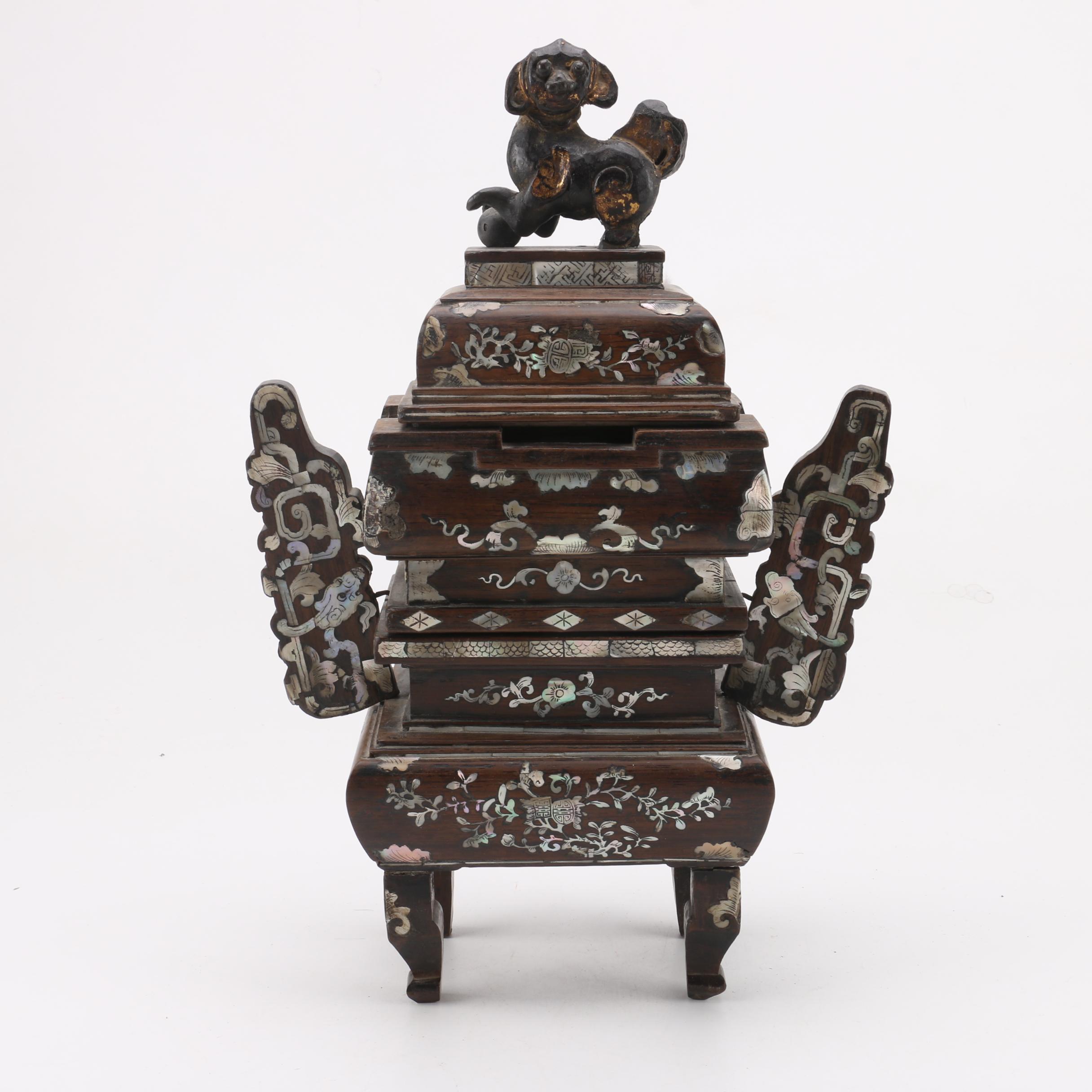 Chinese Decorative Wooden Censer with Inlaid Abalone