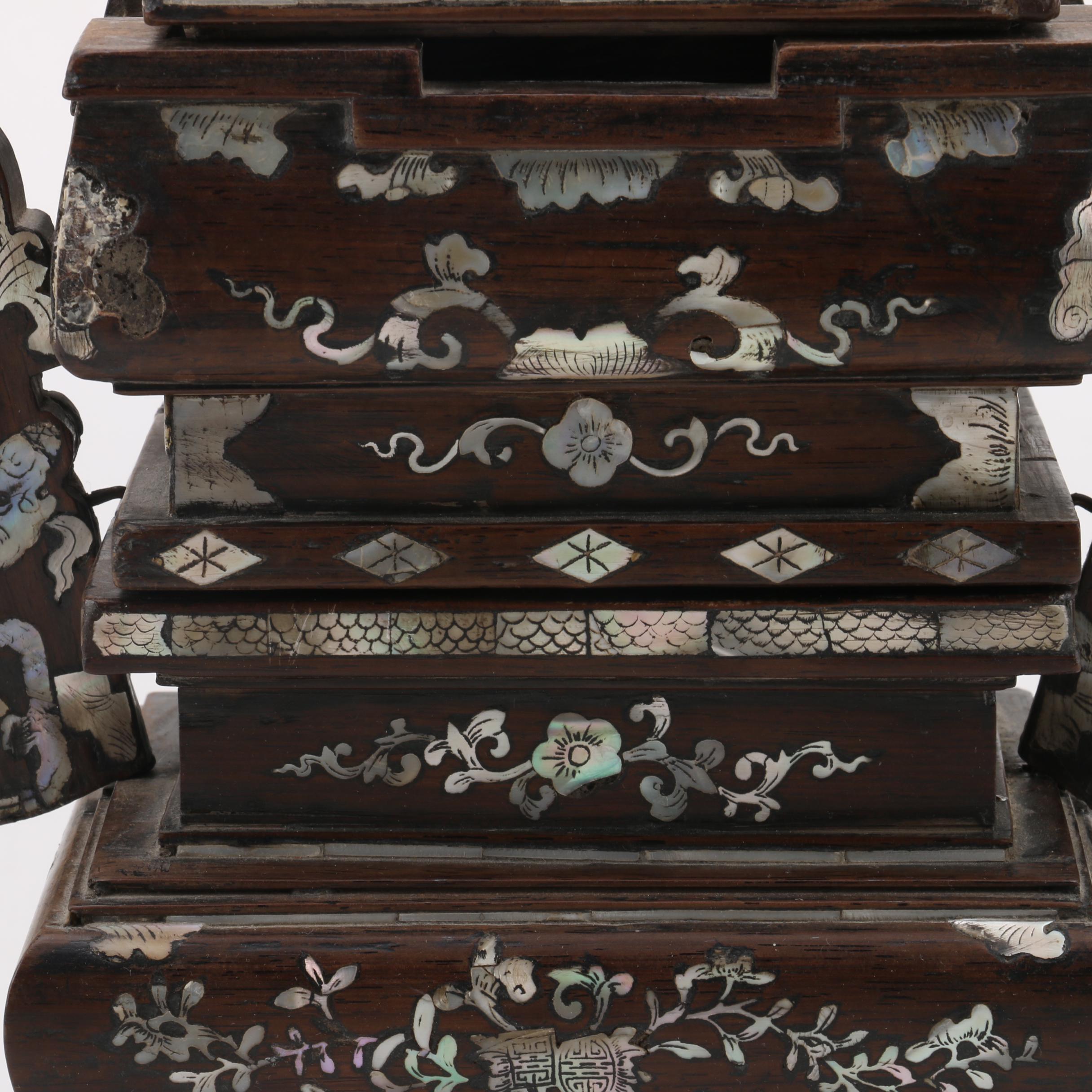 Chinese Decorative Wooden Censer with Inlaid Abalone