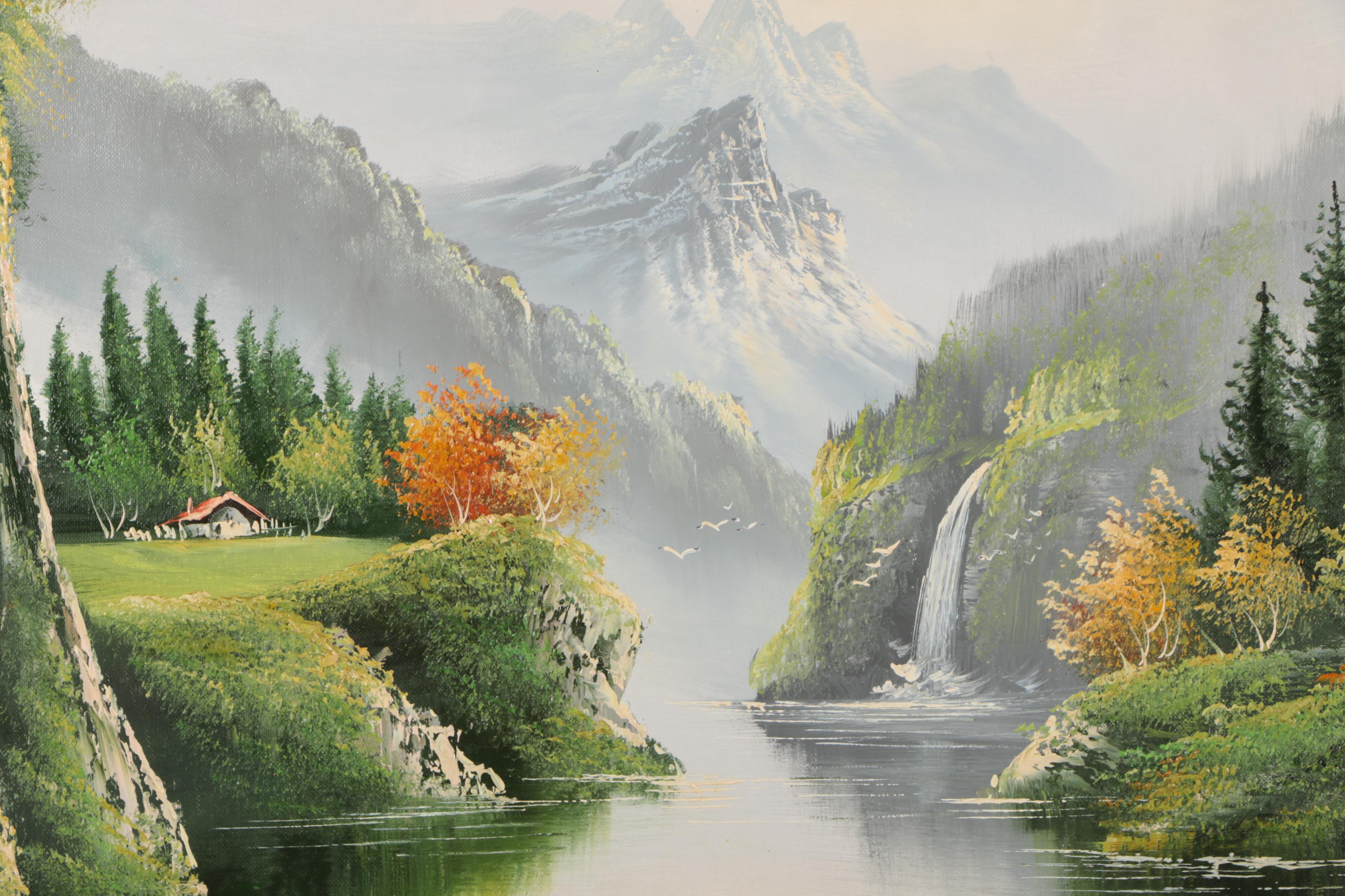 Circa 1980s Oil Painting of Mountain Landscape with Waterfall