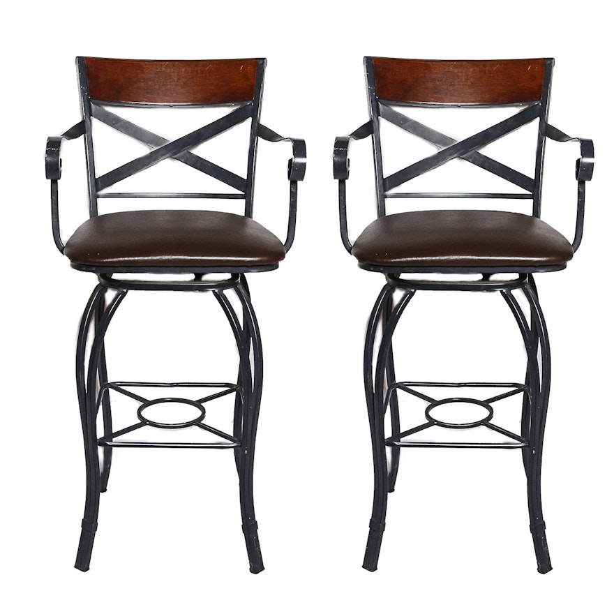 Pair of Wrought Iron Style Barstools with Leather Upholstery