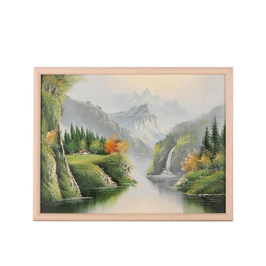 Circa 1980s Oil Painting of Mountain Landscape with Waterfall