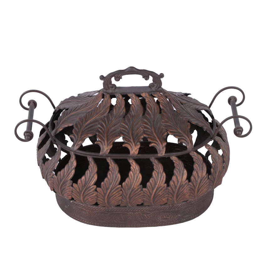 Foliate Metal Lidded Basket with Scrolling Handles