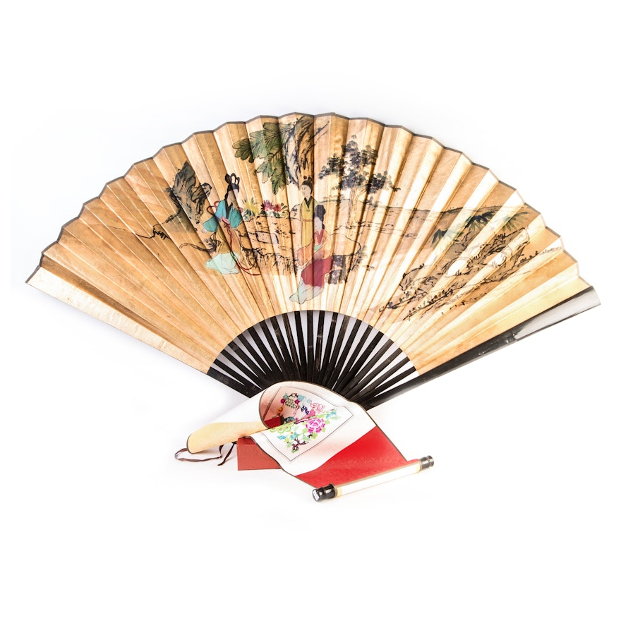 Large Decorative Hand-Painted Chinese Fan and Scroll
