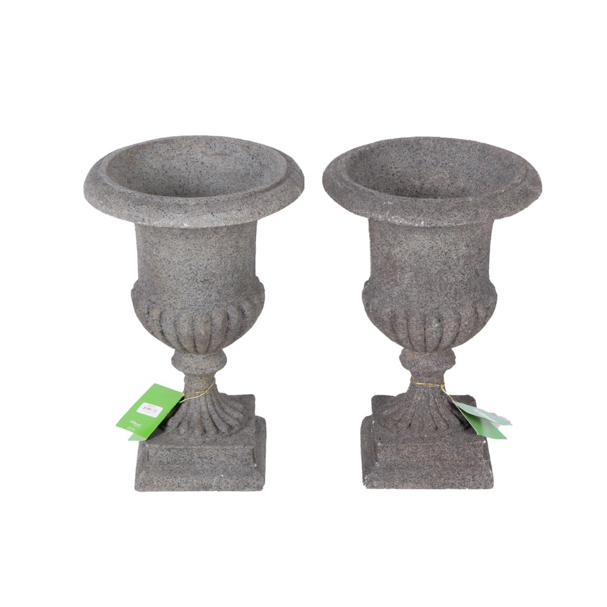 Pair of Resin Urn Shaped Footed Planters in Painted Stone Finishes