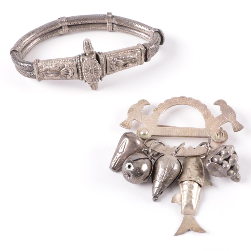 Sterling Silver and Costume Bracelet with a Costume Brazilian Slave Brooch