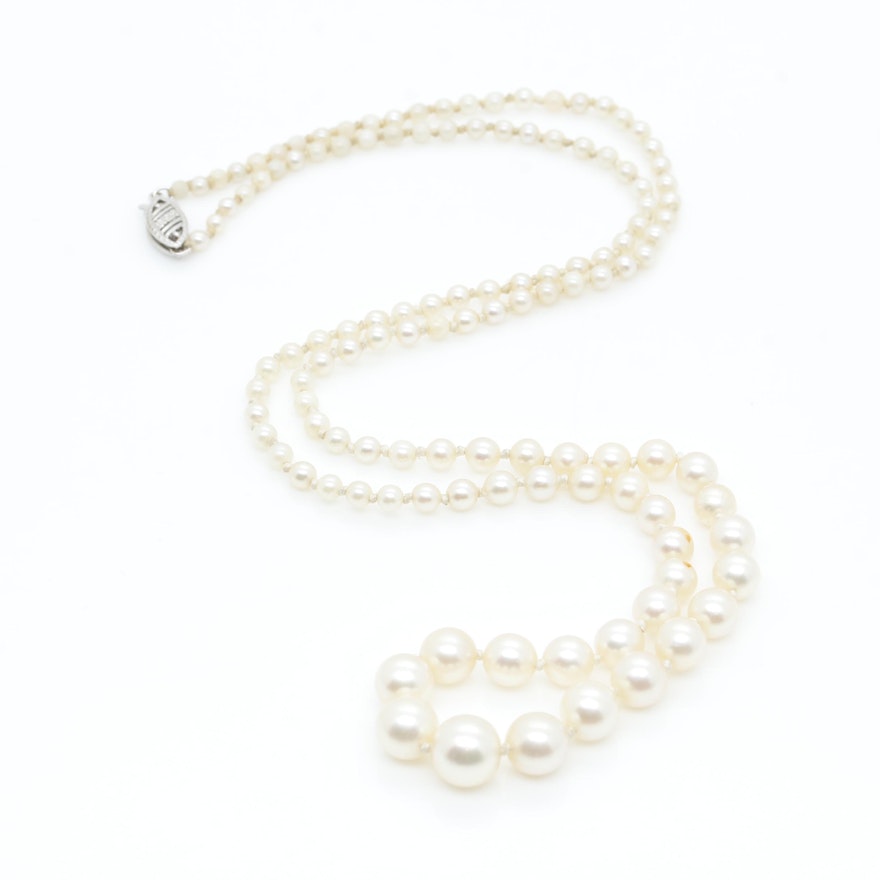 14K White Gold Cultured Pearl Graduated Strand Necklace