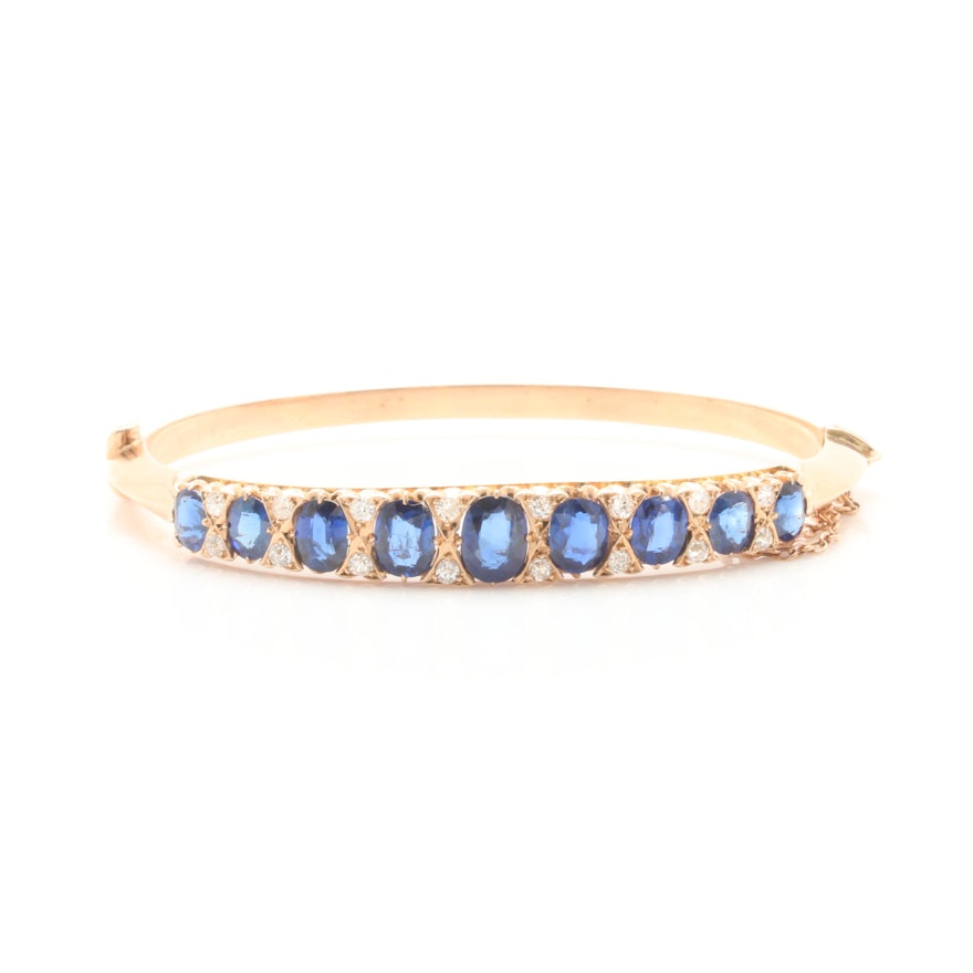 Vintage 14K Yellow Gold Untreated Blue Sapphire and Diamond Hinged Bangle