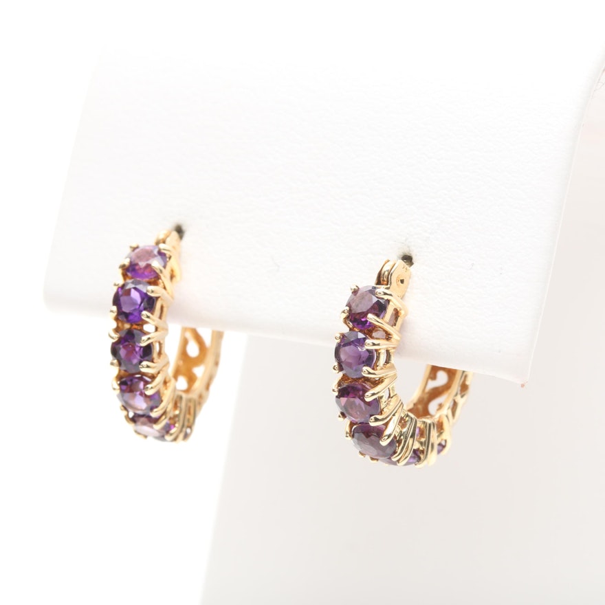 14K Yellow Gold Amethyst Hoop Earrings