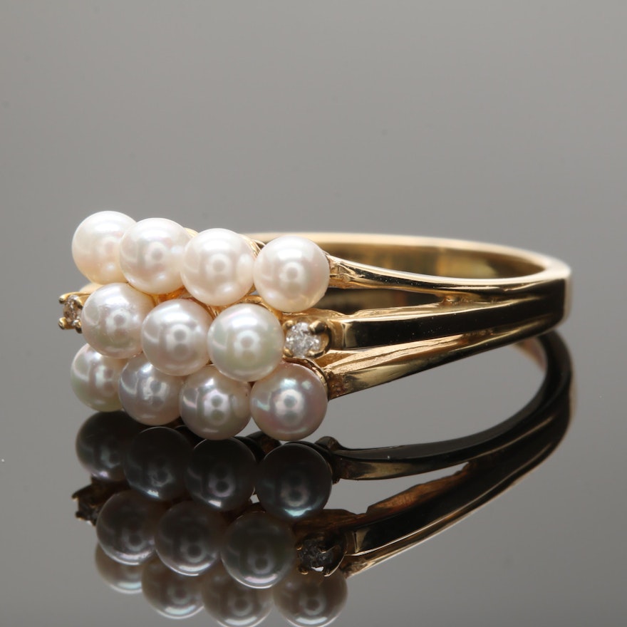 10K Yellow Gold Cultured Pearl and Diamond Ring