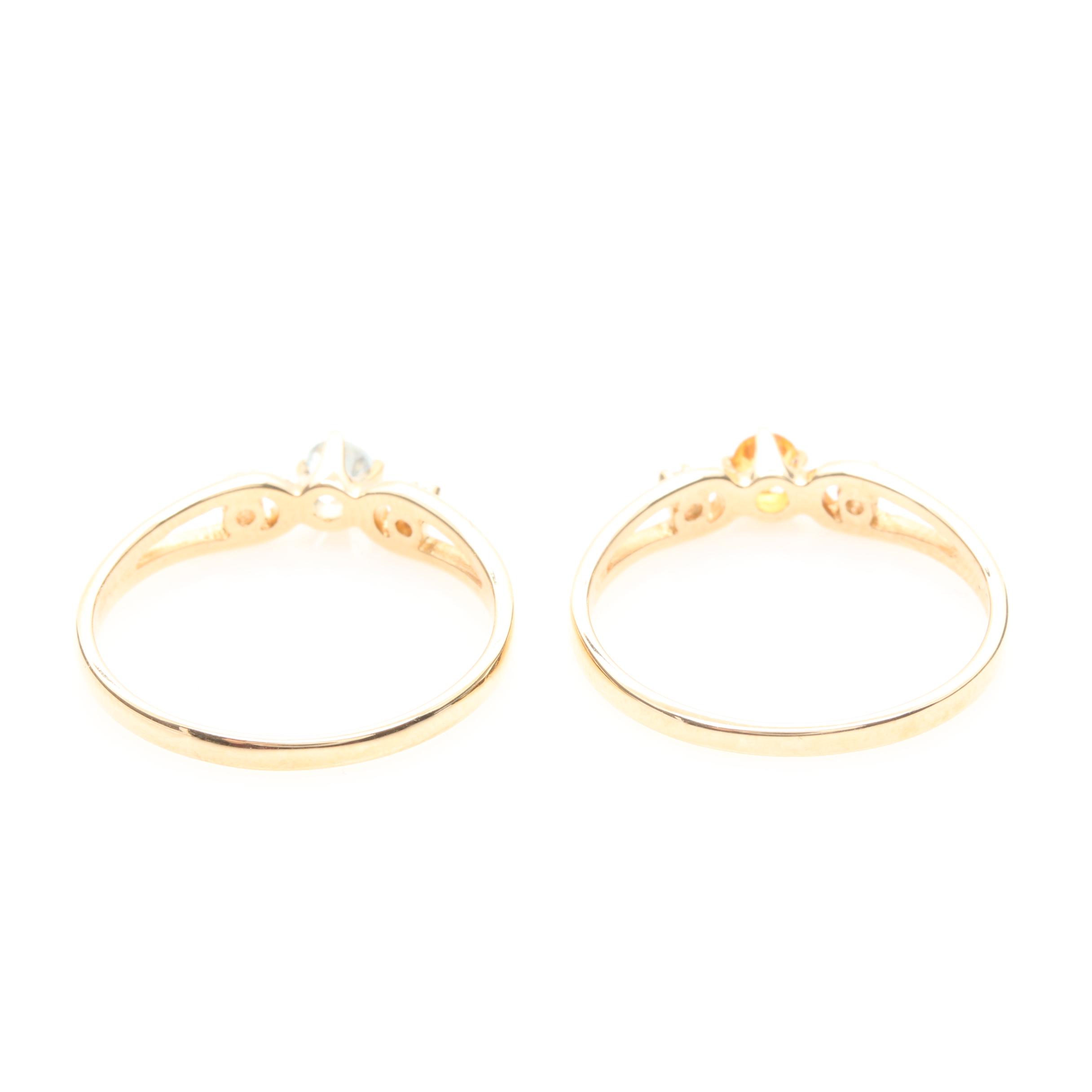 10K Yellow Gold Aquamarine, Citrine, and Diamond Rings