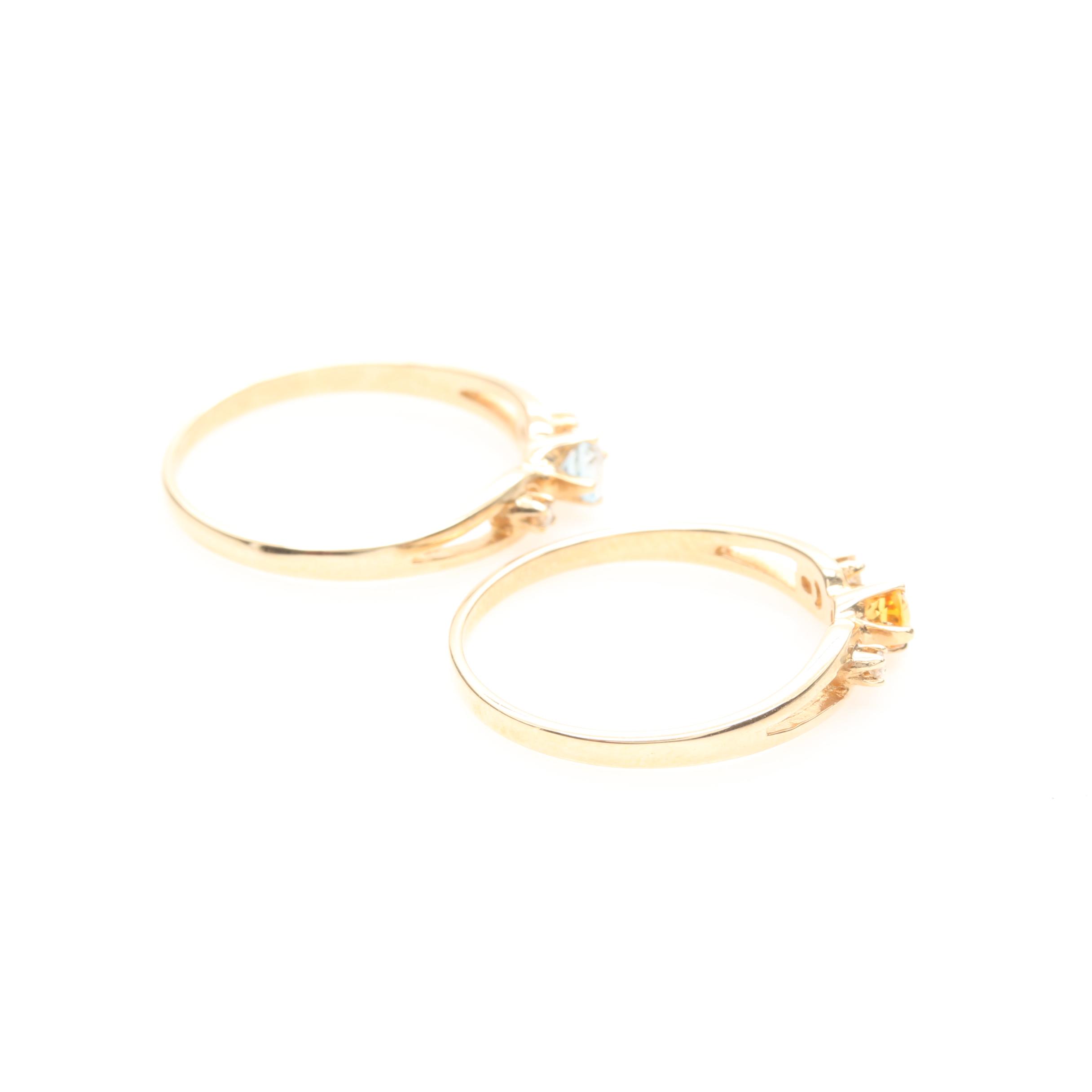 10K Yellow Gold Aquamarine, Citrine, and Diamond Rings