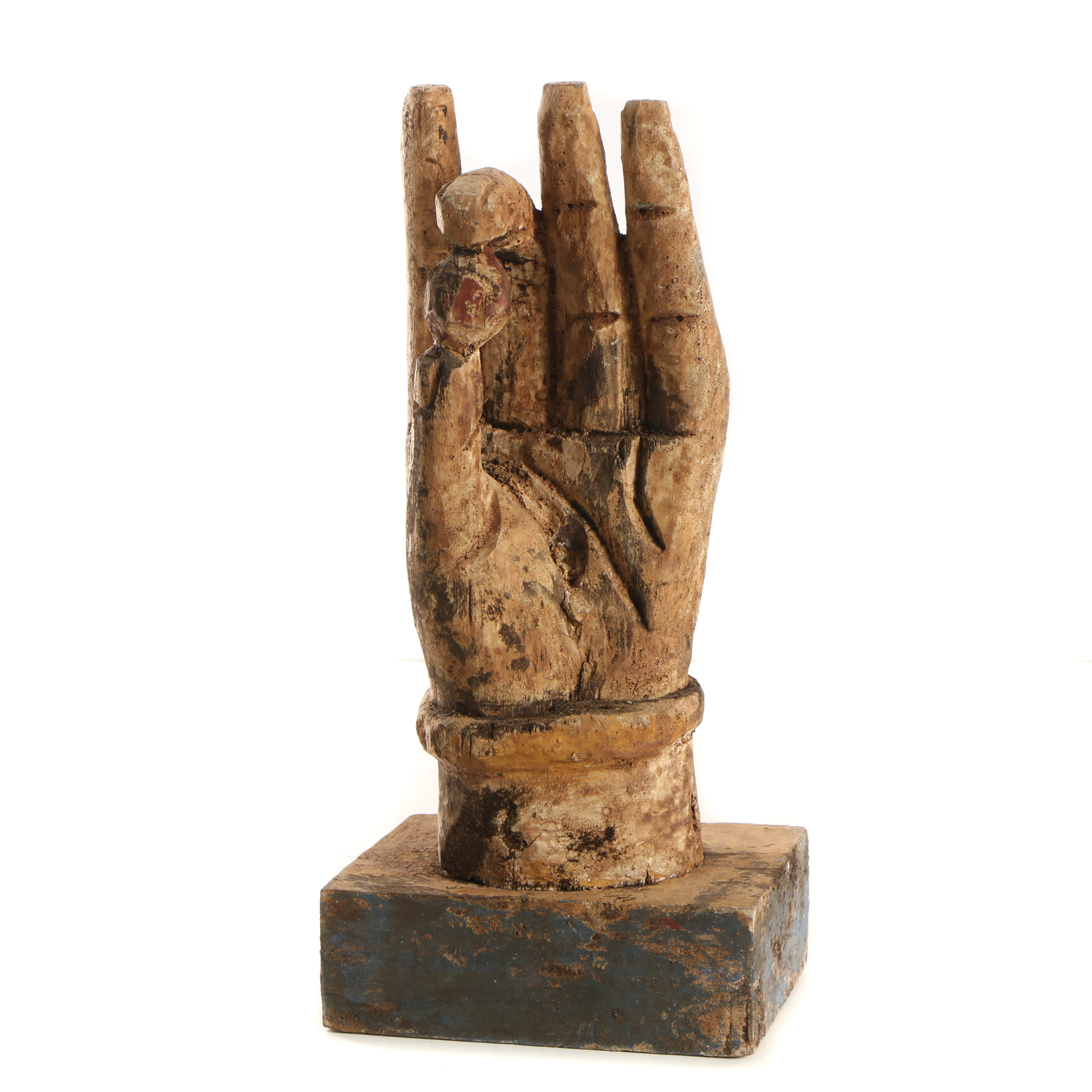Hand-Carved Wooden Hand Holding a Pearl