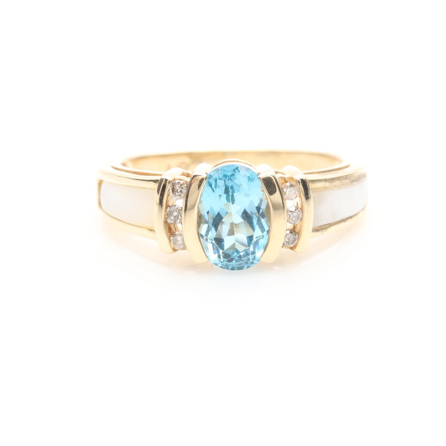 10K Yellow Gold Blue Topaz, Mother of Pearl, and Diamond Ring