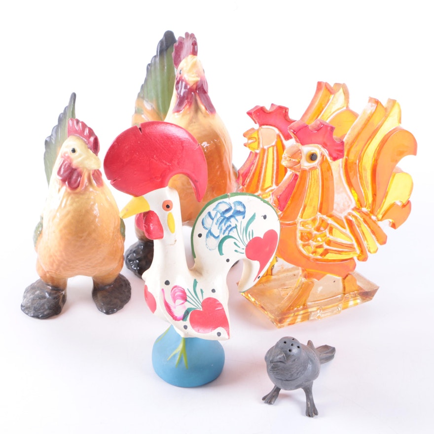 Ceramic, Glass, and Metal Rooster Figurines