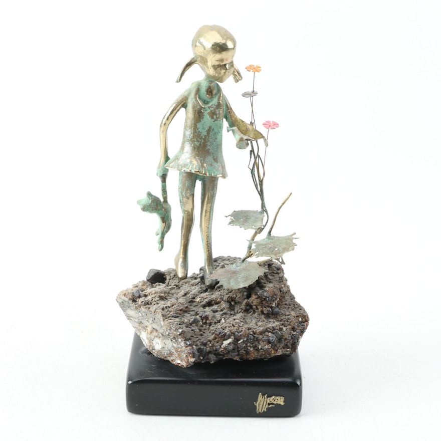 Malcolm Moran Bronze Figurine of a Little Girl With Flowers