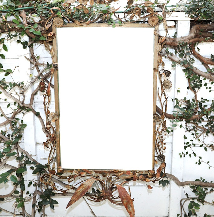 Tole Wall Mirror with Floral Accented Frame