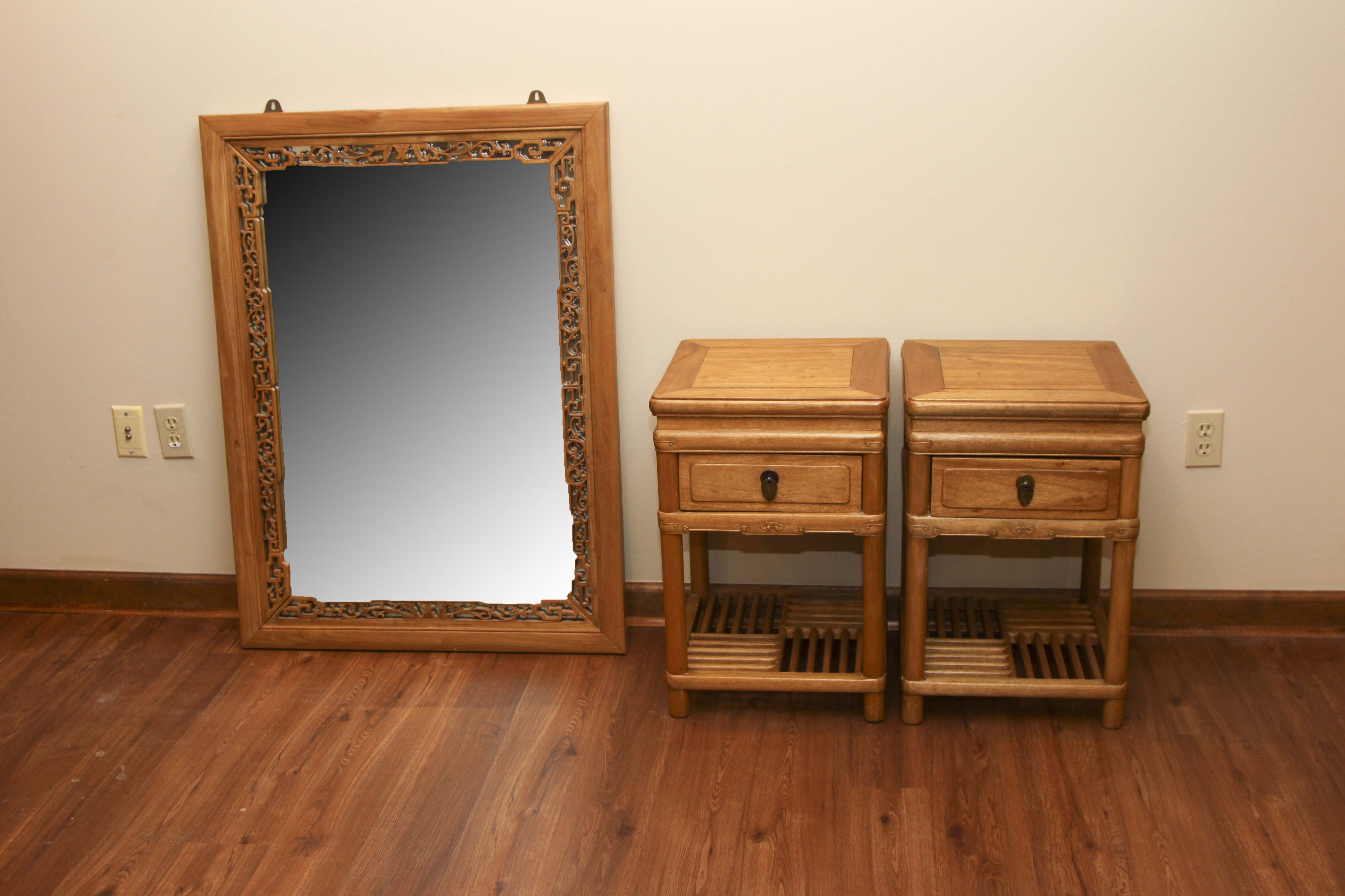 Asian Inspired Camphor Wood Side Tables and Mirror