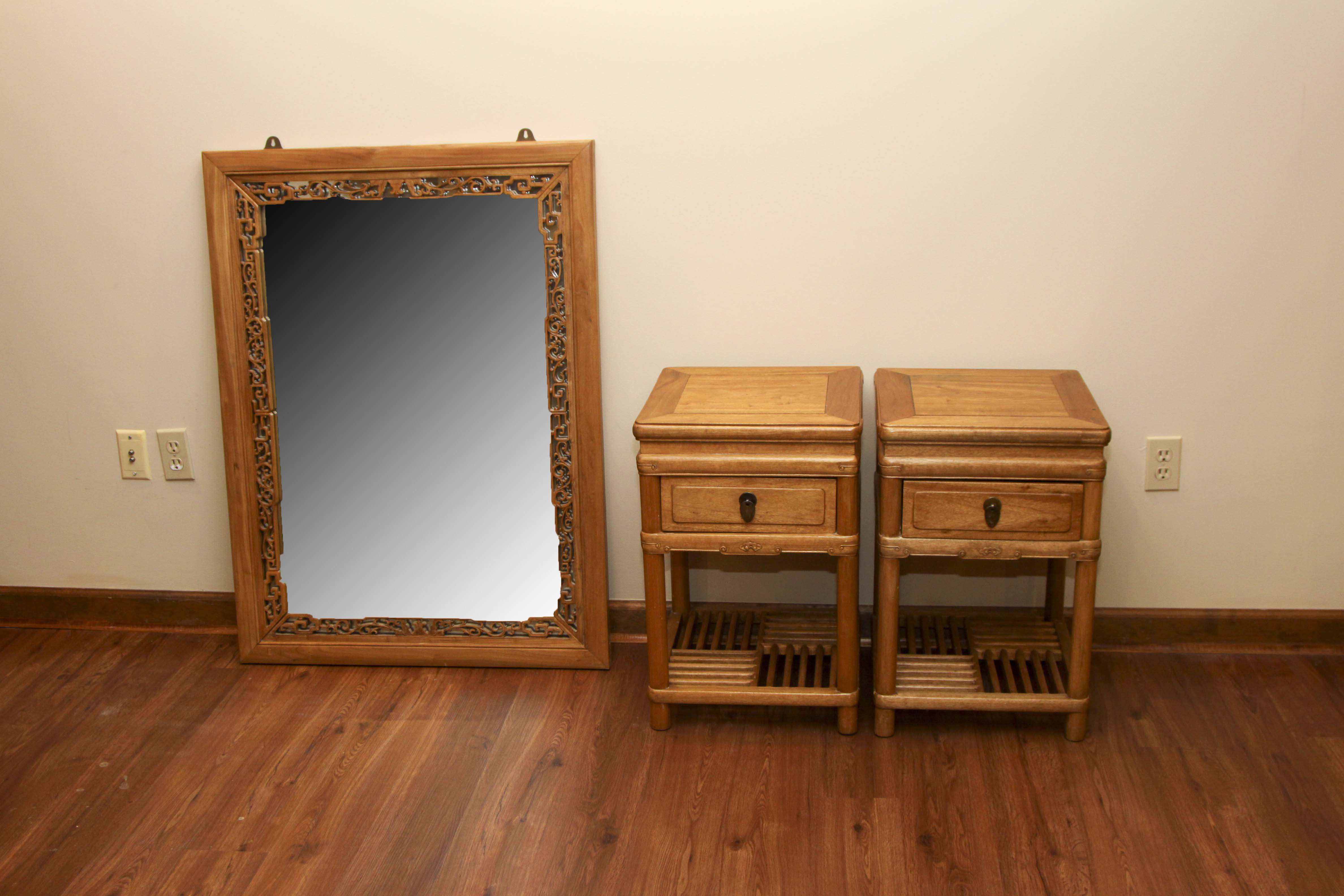 Asian Inspired Camphor Wood Side Tables and Mirror