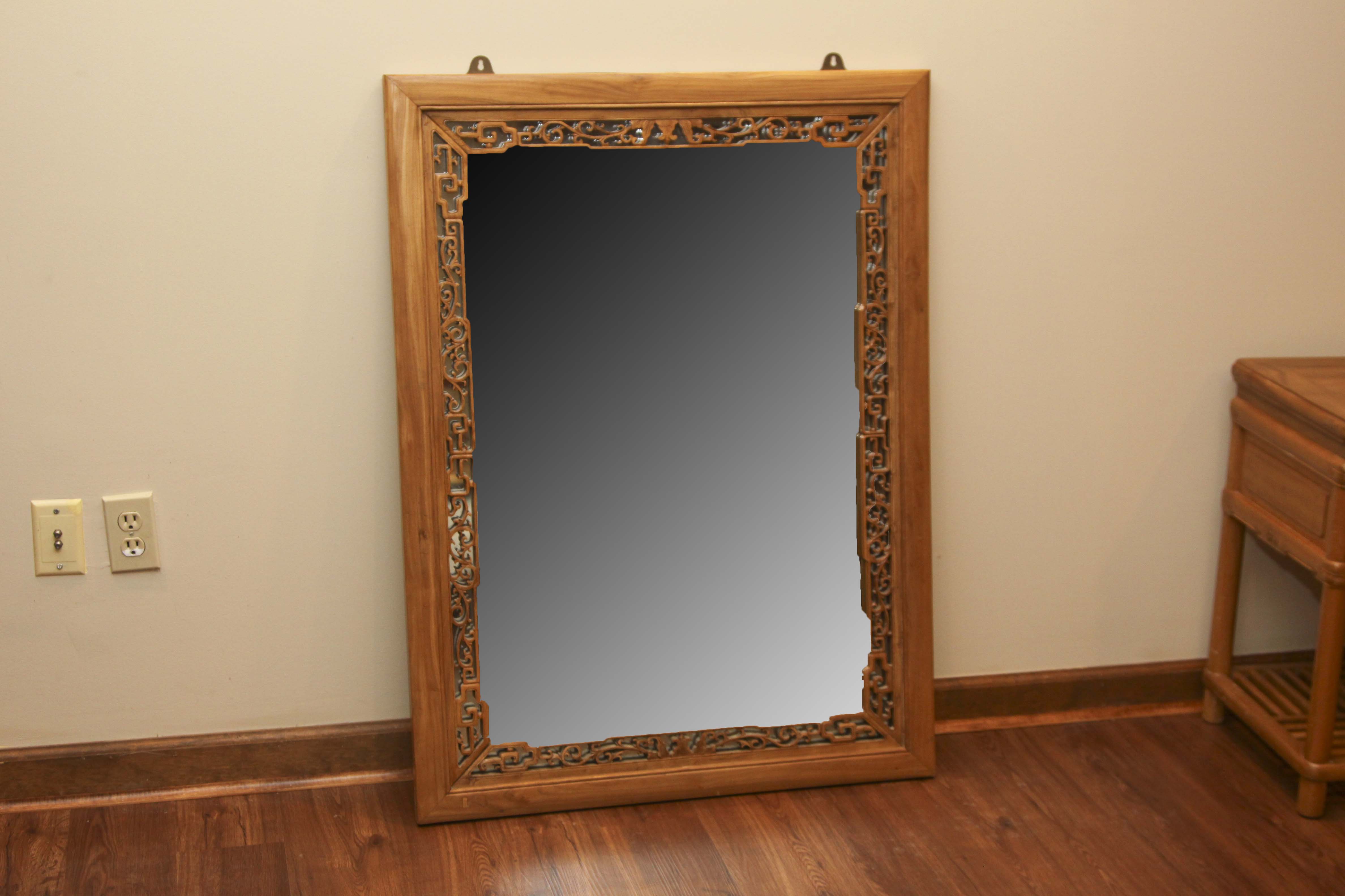 Asian Inspired Camphor Wood Side Tables and Mirror