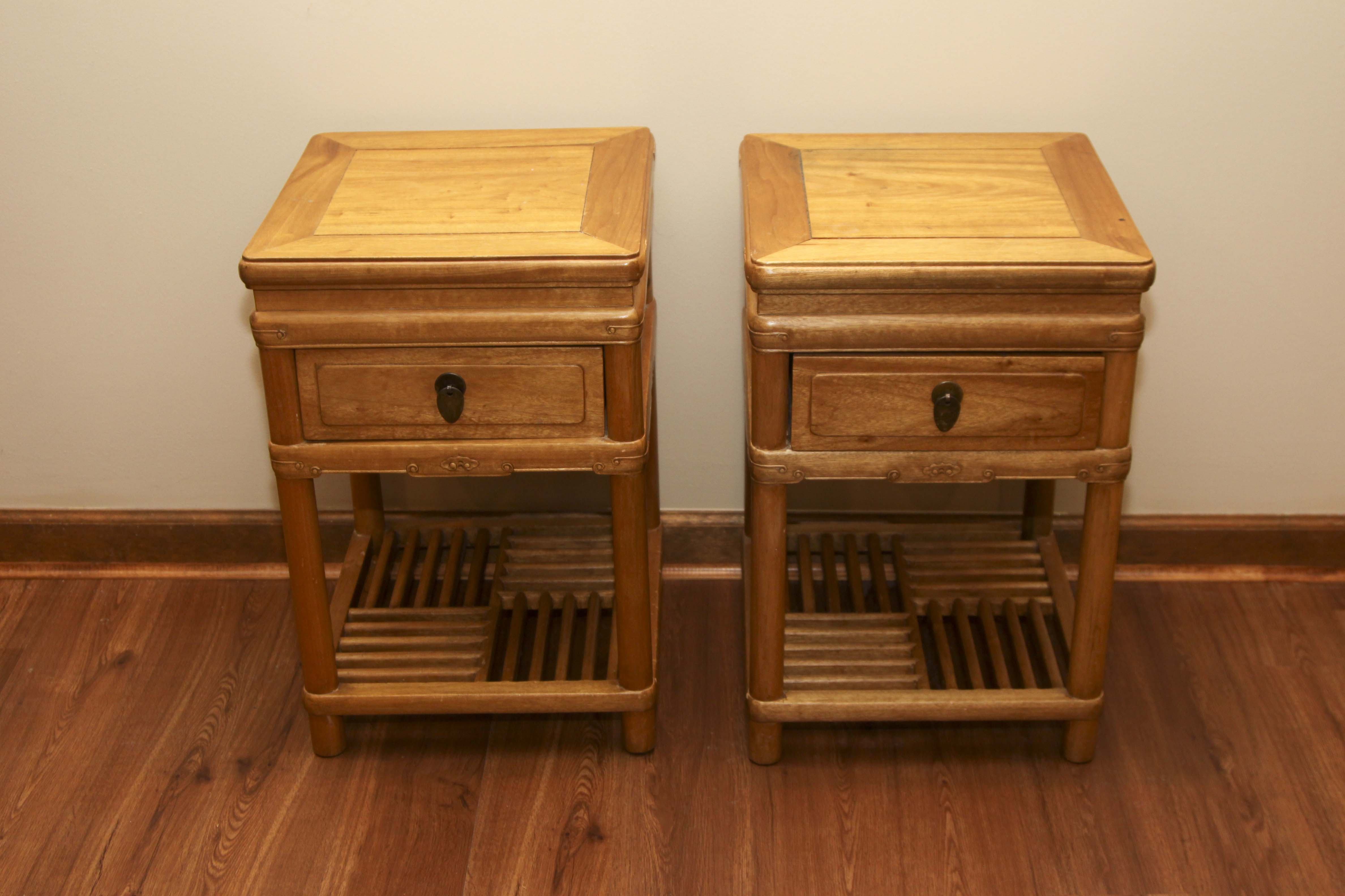 Asian Inspired Camphor Wood Side Tables and Mirror