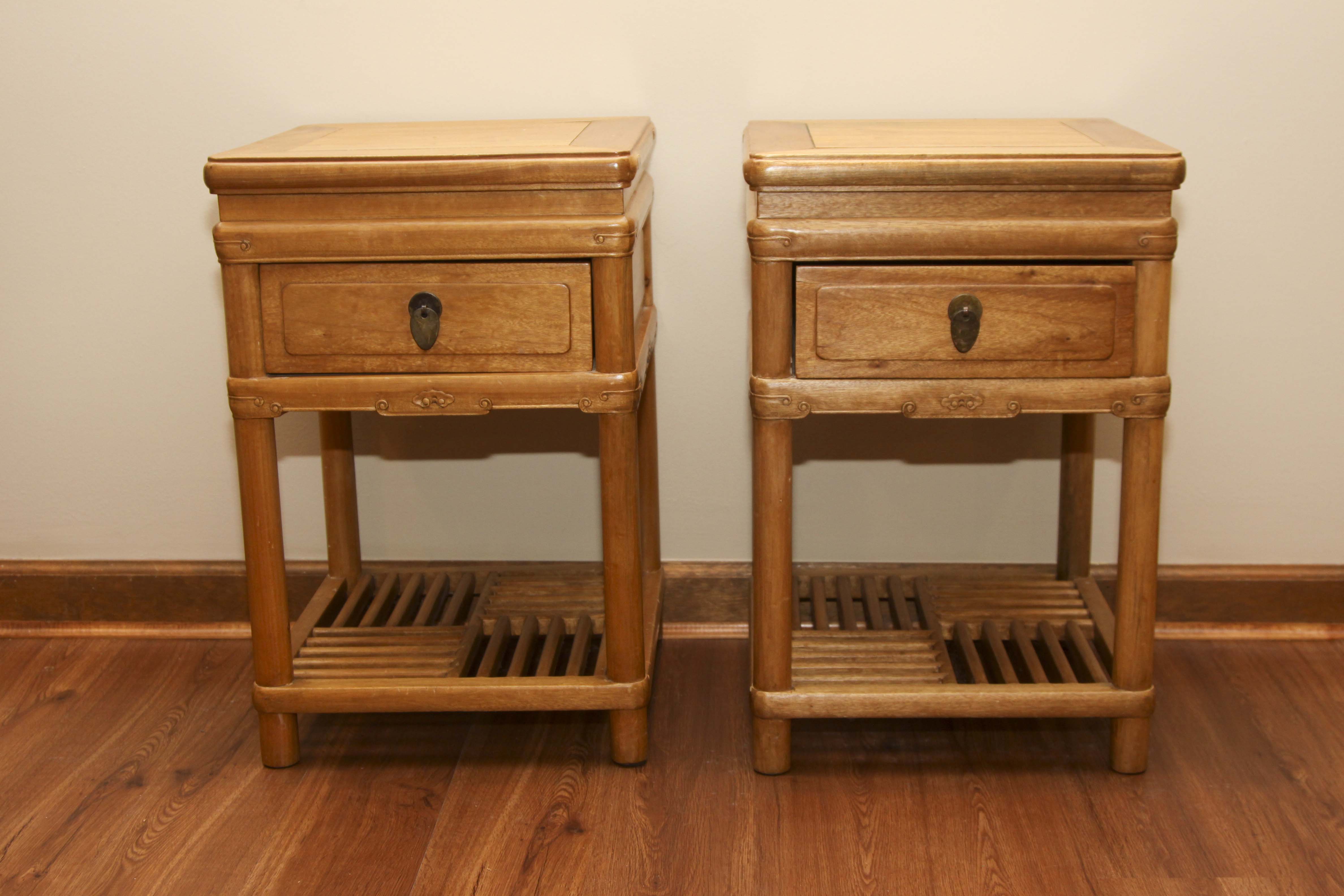 Asian Inspired Camphor Wood Side Tables and Mirror