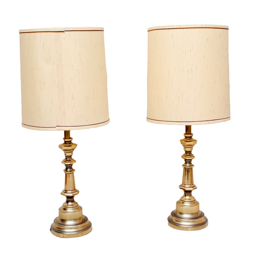 Two Vintage Brass-Tone Lamps with Shades