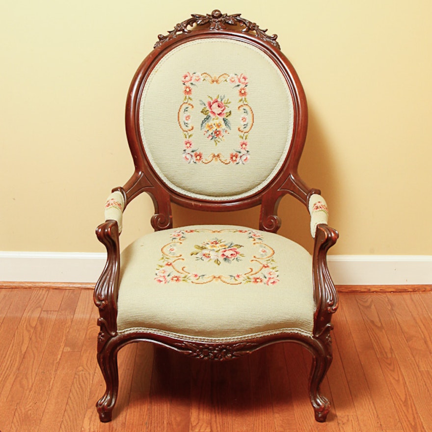 Victorian Carved Armchair with Needlepoint Upholstery