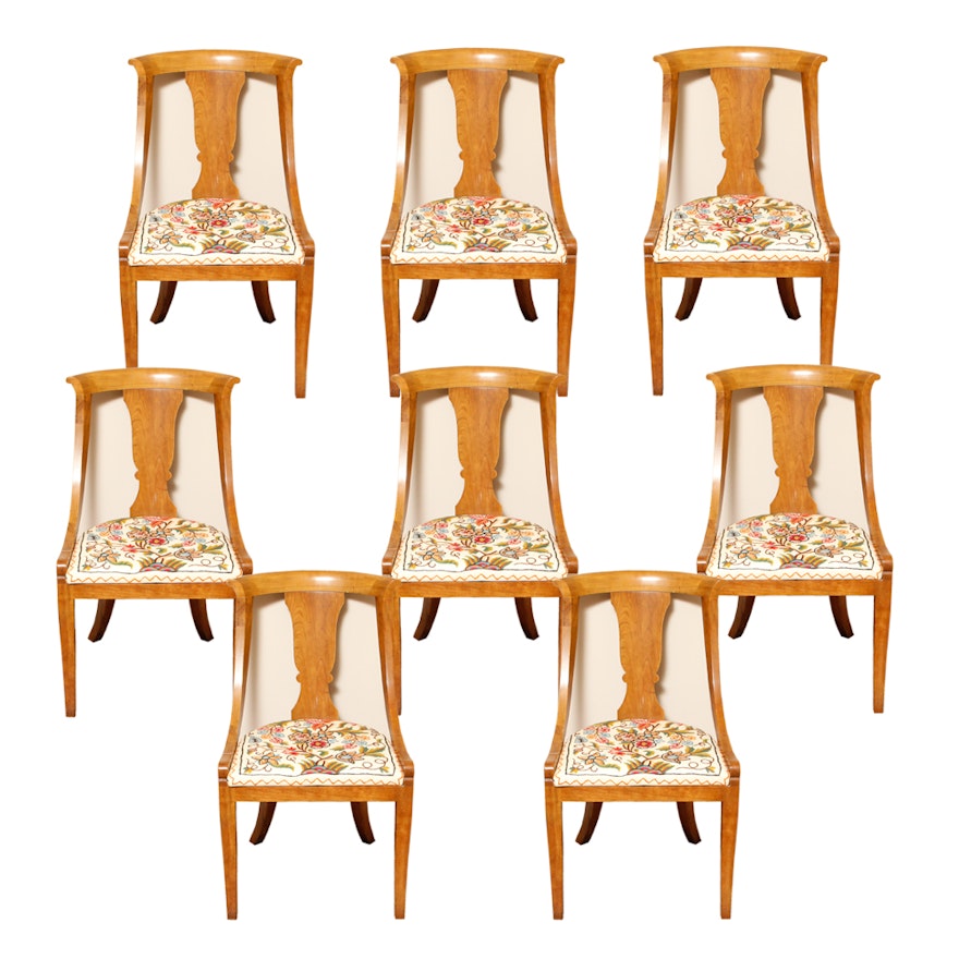 Eight French Gondola Chairs with Embroidered Seats