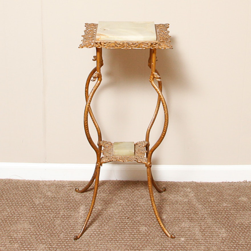 Antique Cast Brass and Banded Calcite Plant Stand