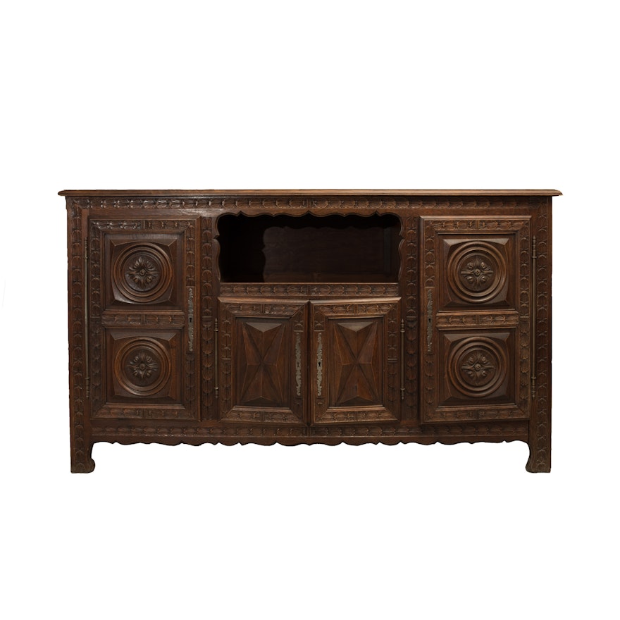 Vintage French Renaissance Style Carved Oak Cabinet