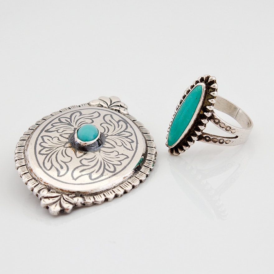 Southwestern Style Sterling Silver Turquoise Ring and 835 Silver Brooch