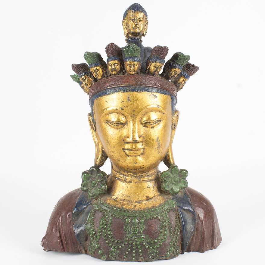 Brass Buddhist Bust with Painted Accents