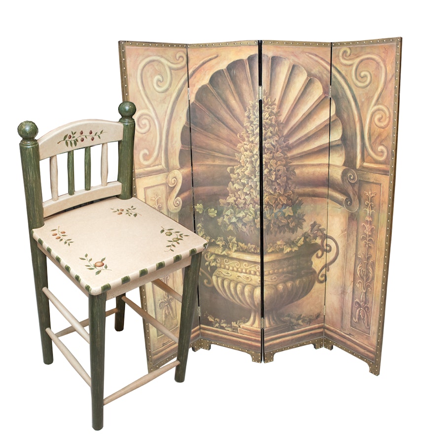 Stenciled Mediterranean Style Room Divider and Bar Chair