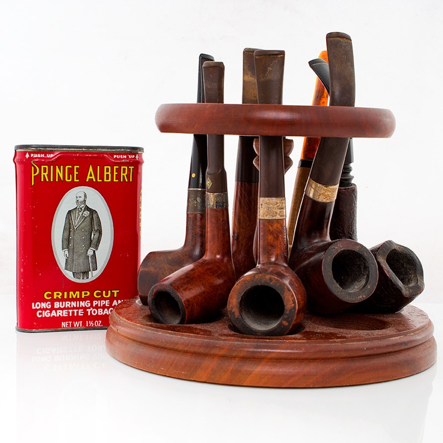 Vintage Smoking Pipe Stand, Seven Pipes and Prince Albert Tobacco Tin