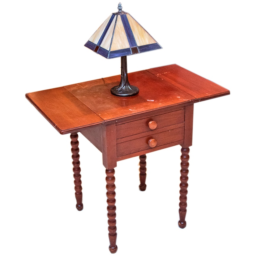 Vintage Drop-Leaf Cherry Table by Consider H. Willet and Stained Glass Lamp