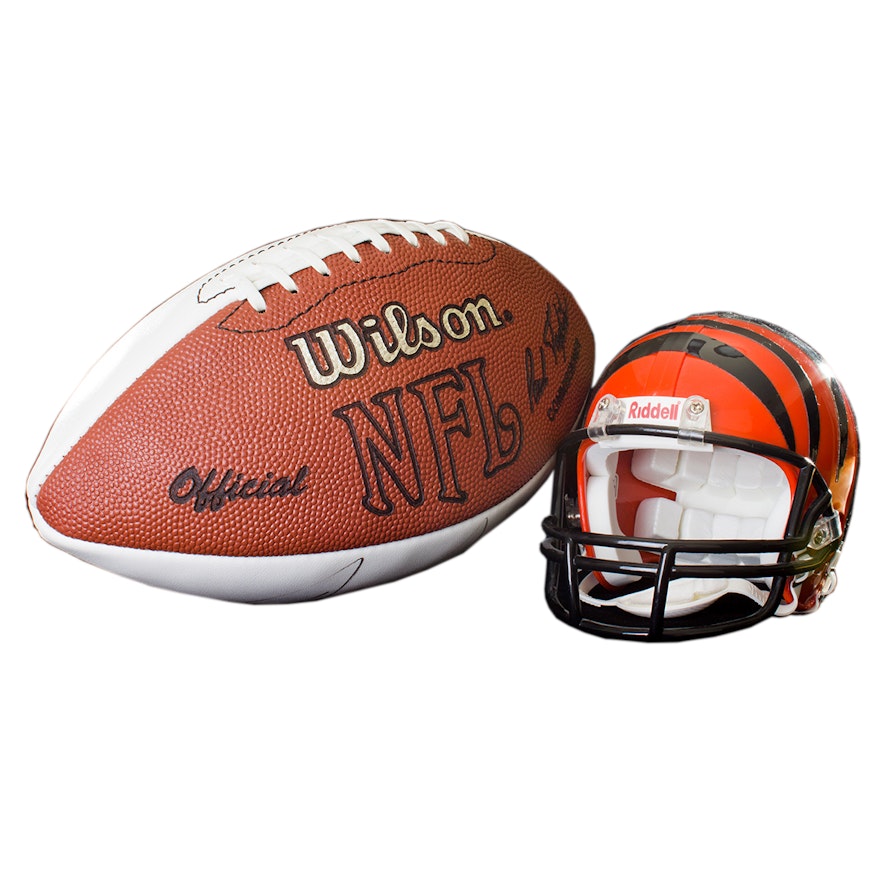 Autographed Doug Pelfrey Football and Chad Johnson Miniature Bengals Helmet