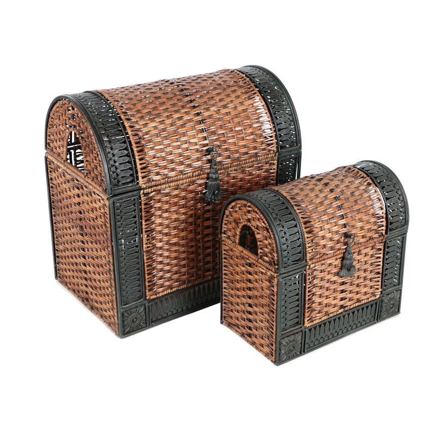 Two Basket Woven and Metal Domed Chests