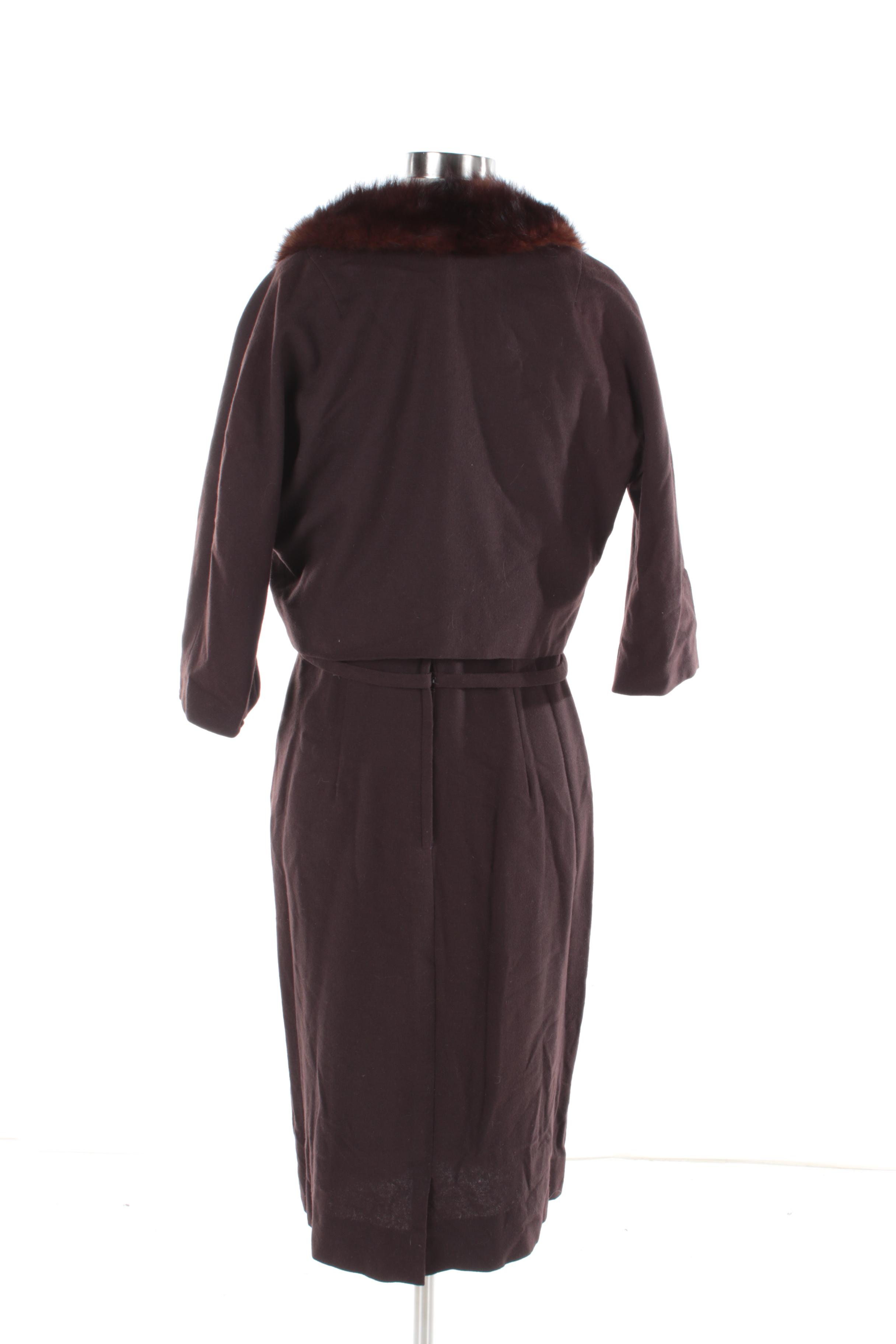 Women's Vintage Roseweb Wool Dress and Matching Jacket with Dyed Mink Fur Collar