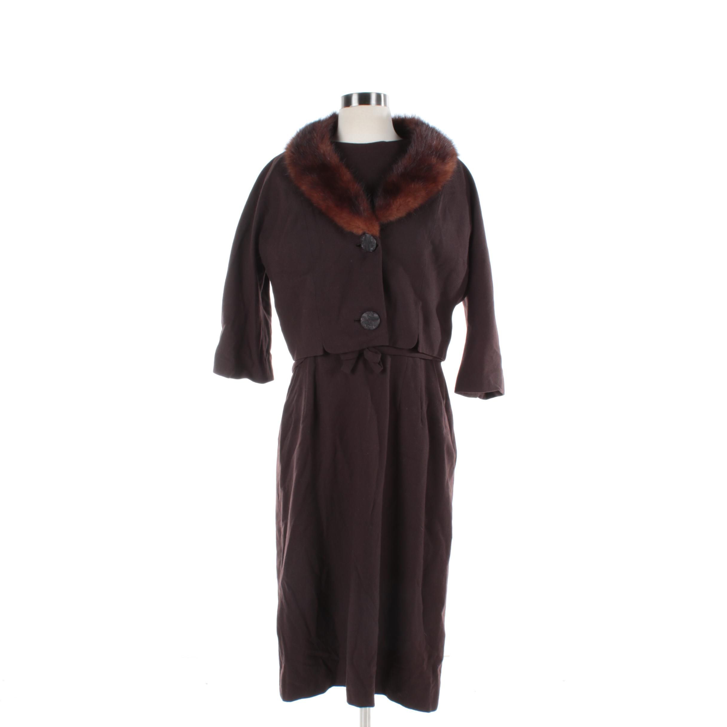 Women's Vintage Roseweb Wool Dress and Matching Jacket with Dyed Mink Fur Collar