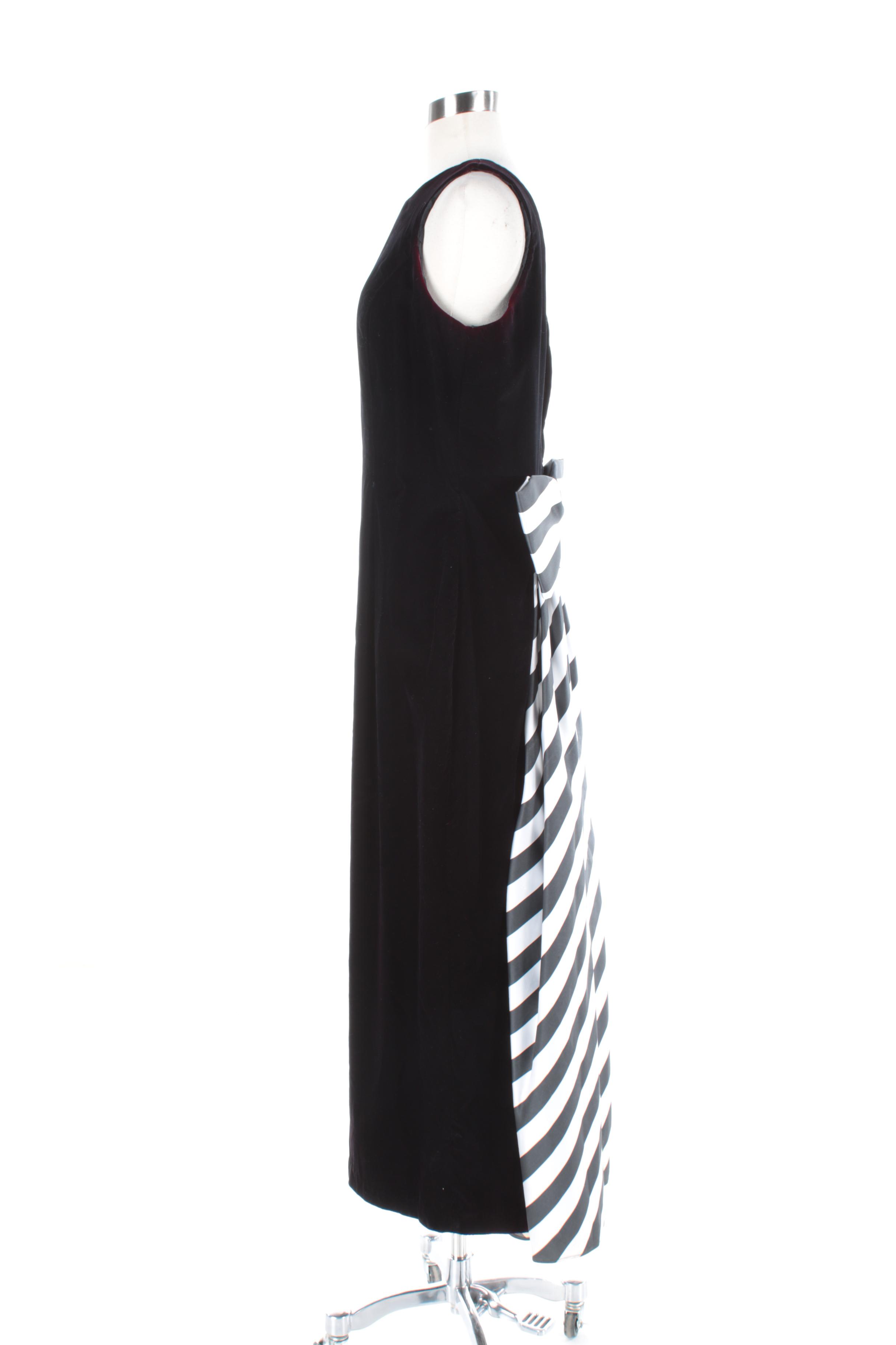 Dave & Johnny Black Velvet Sleeveless Gown with Striped Bow and Train